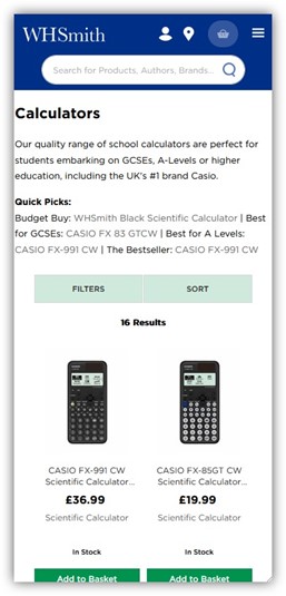 Screen grab of WH Smith landing page for GCSE calculators. 