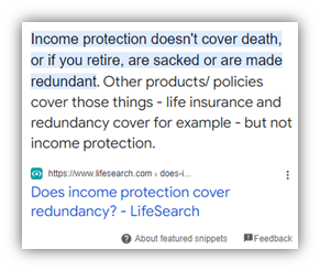 Google Featured snippet in response to search. 