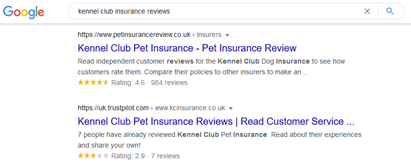 Google search results page for "kennel club insurance reviews"