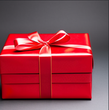 Red box tied with a bow. 