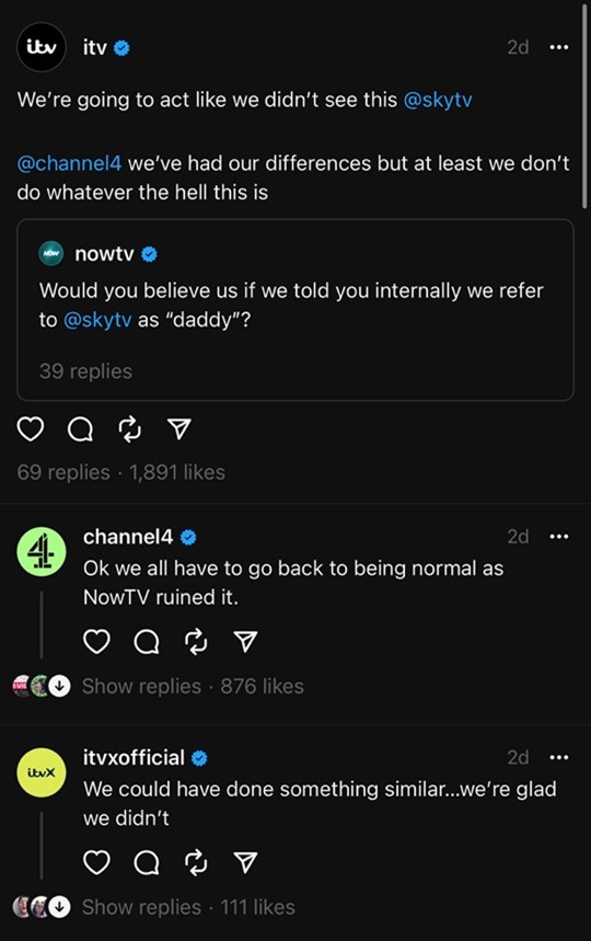 Fun Threads exchange between TV broadcasters. 